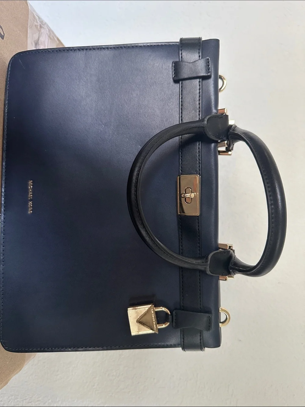 Michael Kors Navy and Black Leather Satchel with Gold Hardware